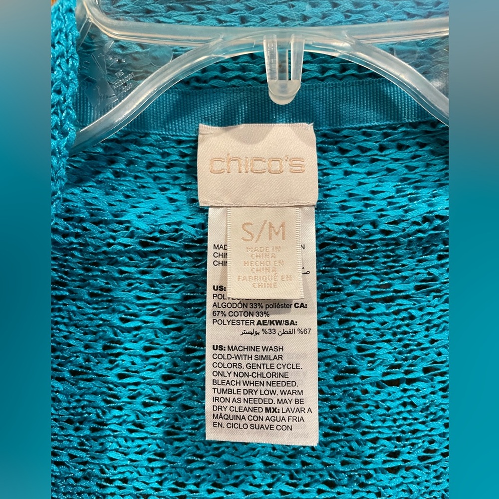 Chico’s Aqua Blue Sleeved Crochet Knit Shawl Wrap Cape Sweater Size Small/Medium - Picture 6 of 7